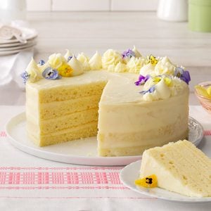 Lemon Layer Cake with Edible Flowers, ready to serve