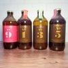 Four brown glass bottles of Curious Elixirs drinks, labeled No. 9, No. 1, No. 3, and No. 5, are lined up on a wooden surface against a white tiled background.
